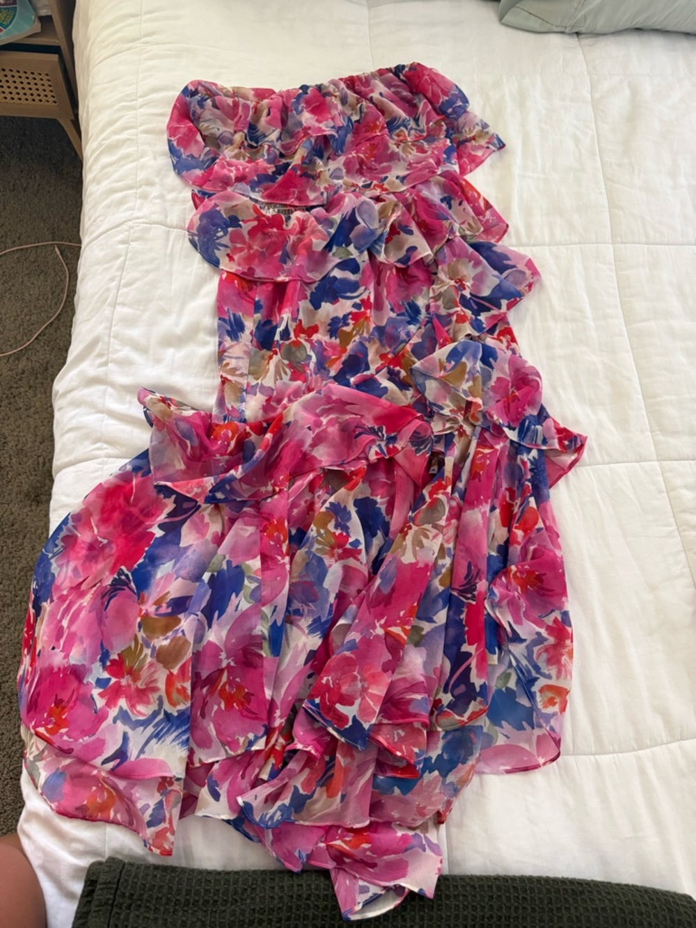 Misa Los Angeles Pink Blue Floral Ruffle Strapless Top